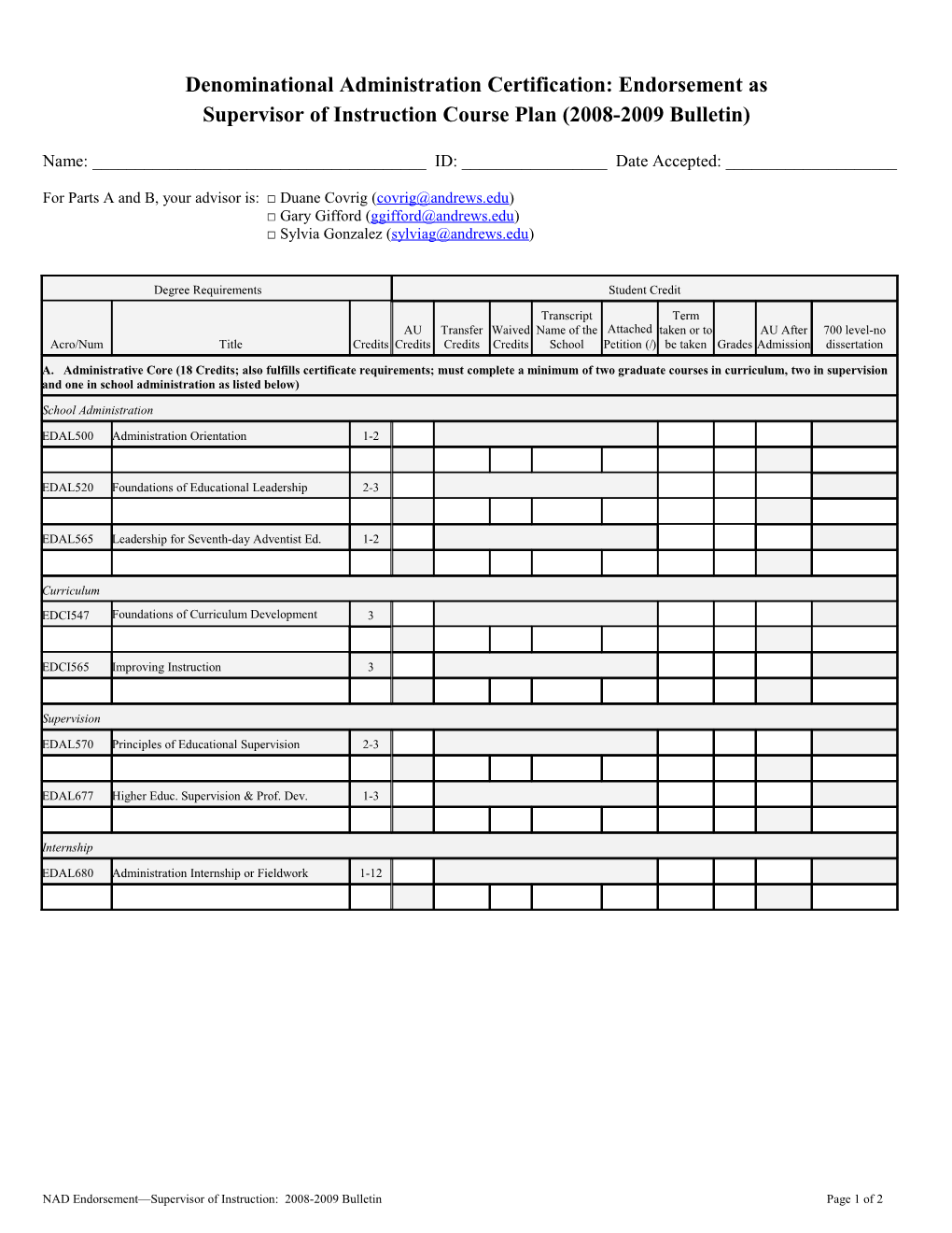 Denominational Administration Certification Endorsement: Principal Course Plan