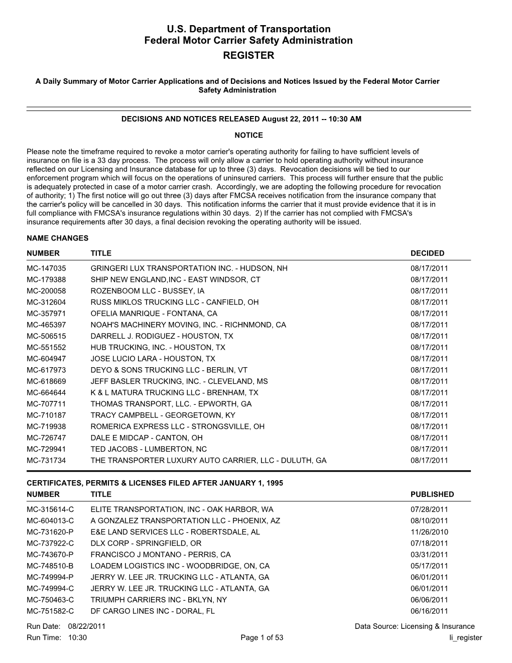 U.S. Department of Transportation Federal Motor Carrier Safety Administration REGISTER