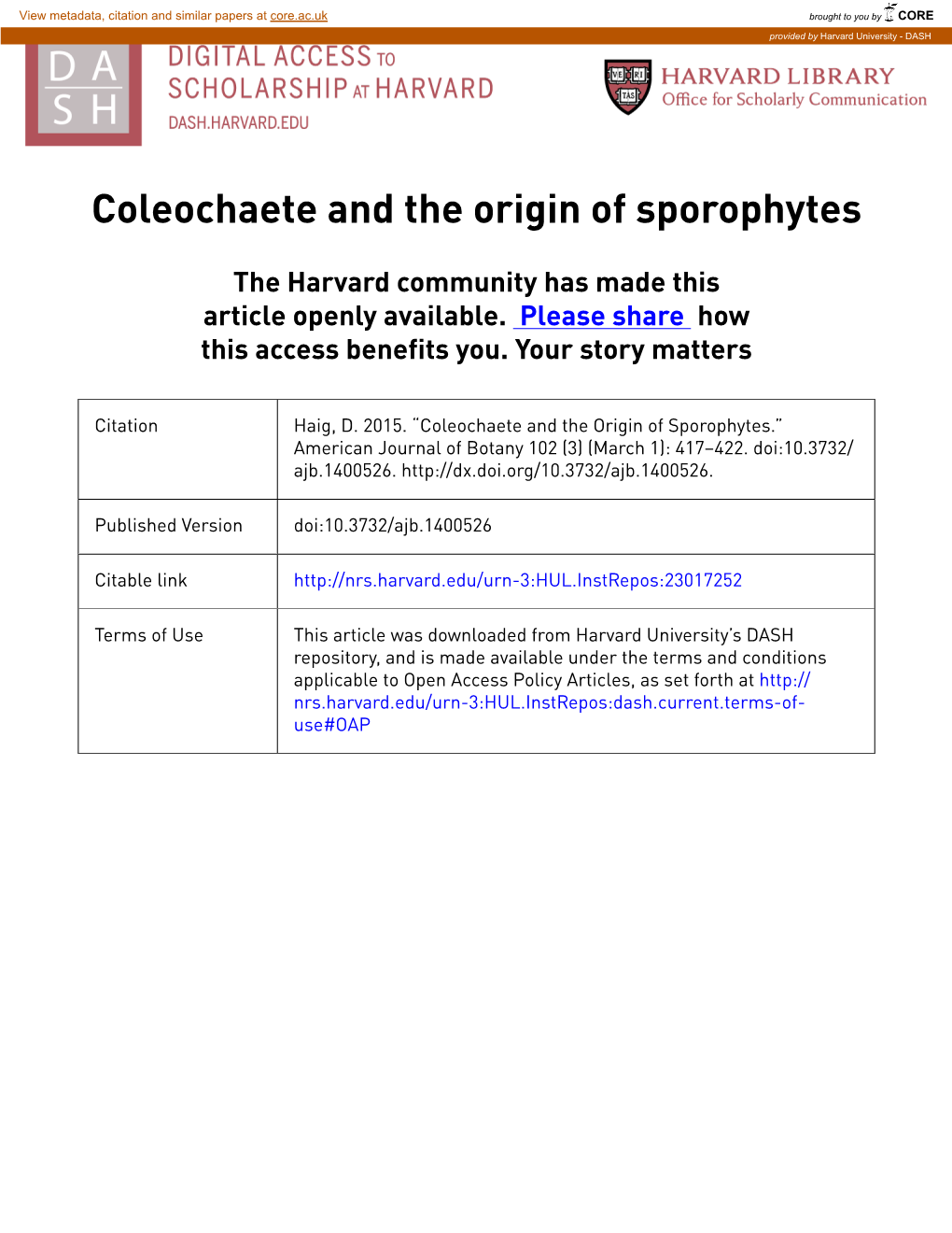 Coleochaete and the Origin of Sporophytes