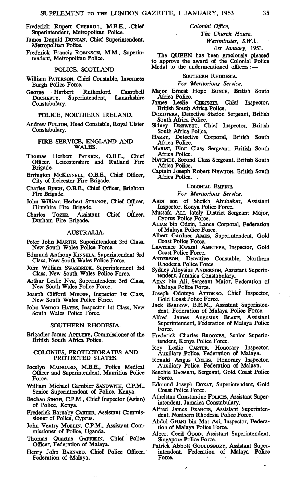 Supplement to the London Gazette, 1 January, 1953 35