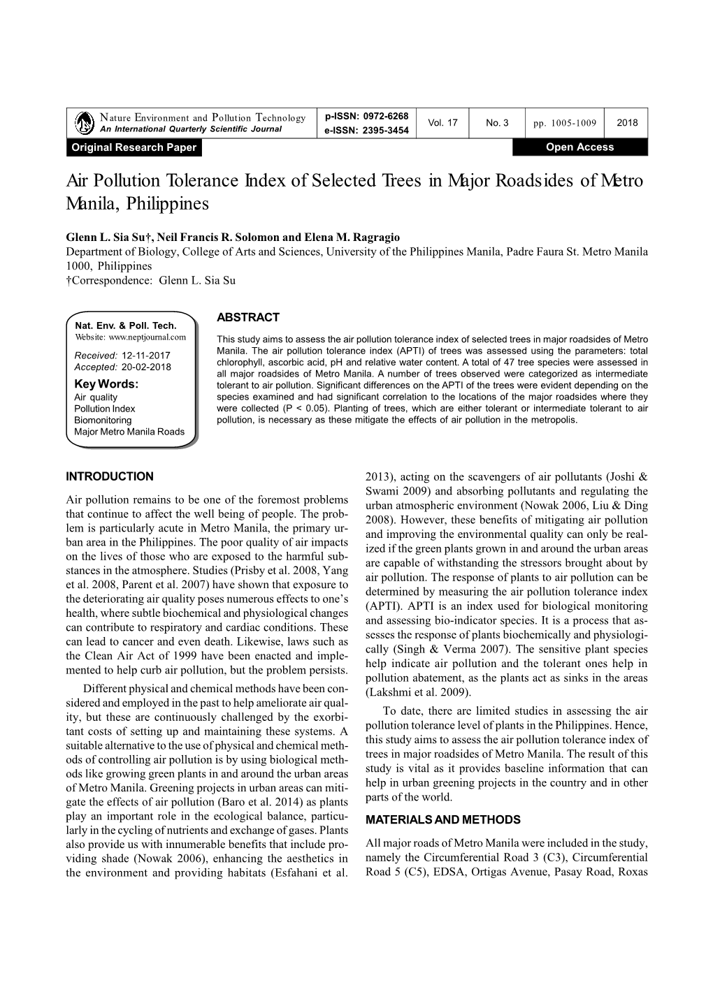 Air Pollution Tolerance Index of Selected Trees in Major Roadsides of Metro Manila, Philippines