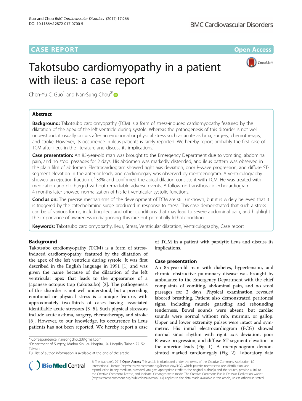 Takotsubo Cardiomyopathy in a Patient with Ileus: a Case Report Chen-Yu C