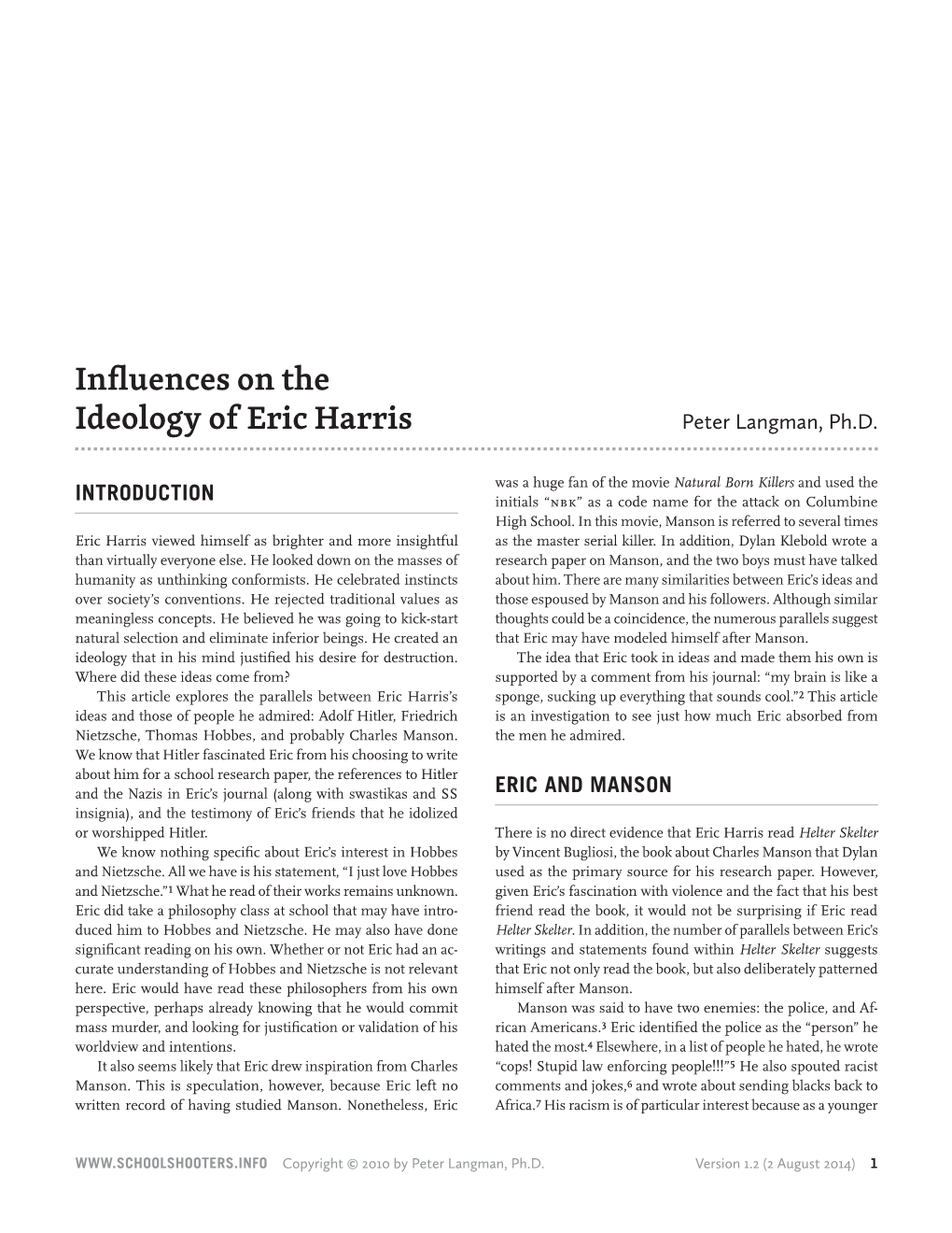 Ideology of Eric Harris Influences On