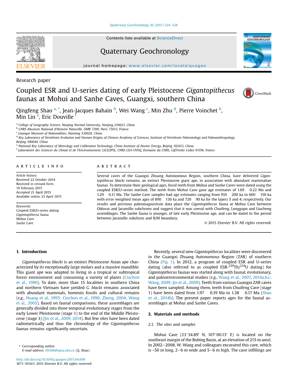 Coupled ESR and U-Series Dating of Early Pleistocene Gigantopithecus Faunas at Mohui and Sanhe Caves, Guangxi, Southern China