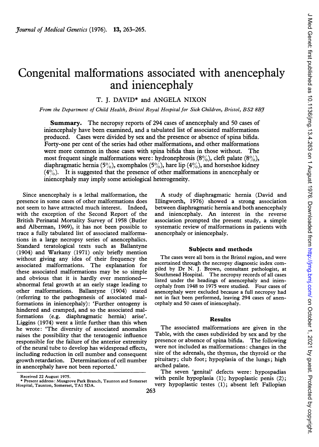 Congenital Malformations Associated with Anencephaly and Iniencephaly T