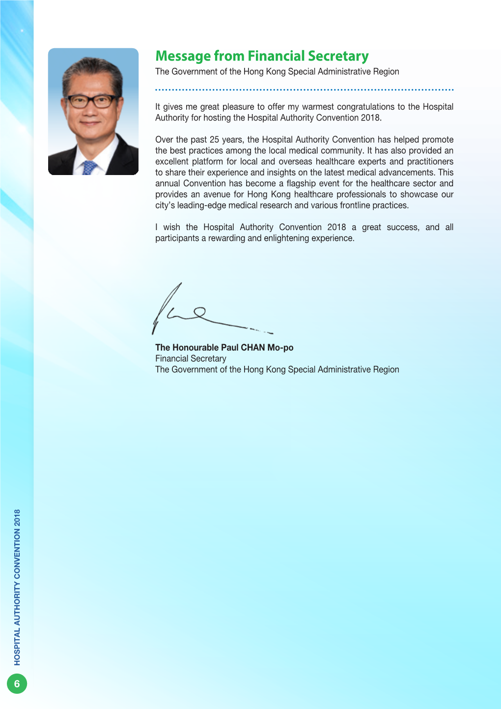 Message from Financial Secretary the Government of the Hong Kong Special Administrative Region