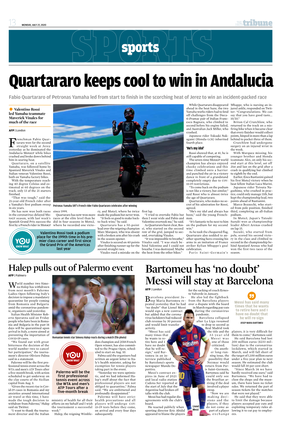 Quartararo Keeps Cool to Win in Andalucia Fabio Quartararo of Petronas Yamaha Led from Start to Finish in the Scorching Heat of Jerez to Win an Incident-Packed Race