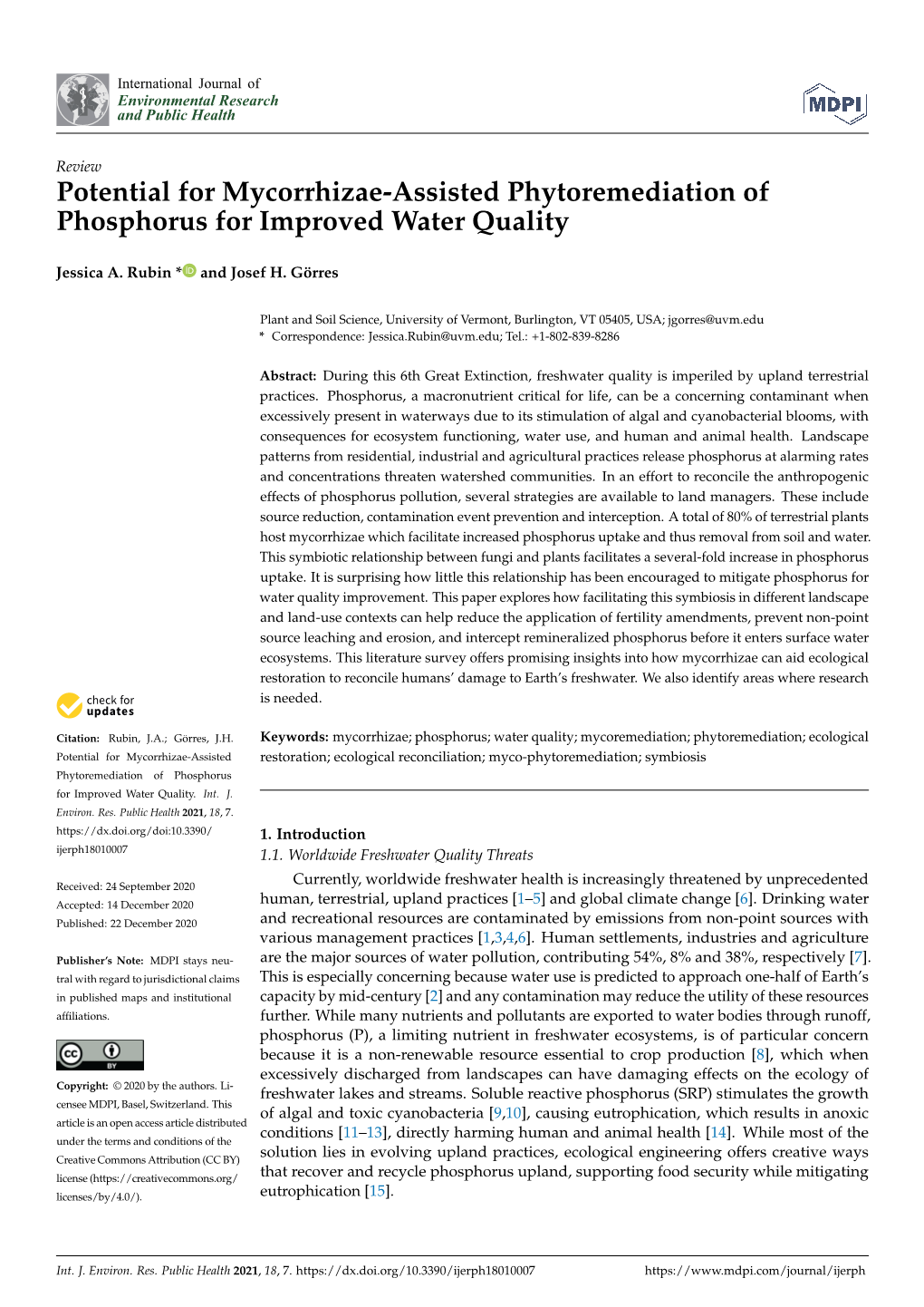 Potential for Mycorrhizae-Assisted Phytoremediation of Phosphorus for Improved Water Quality