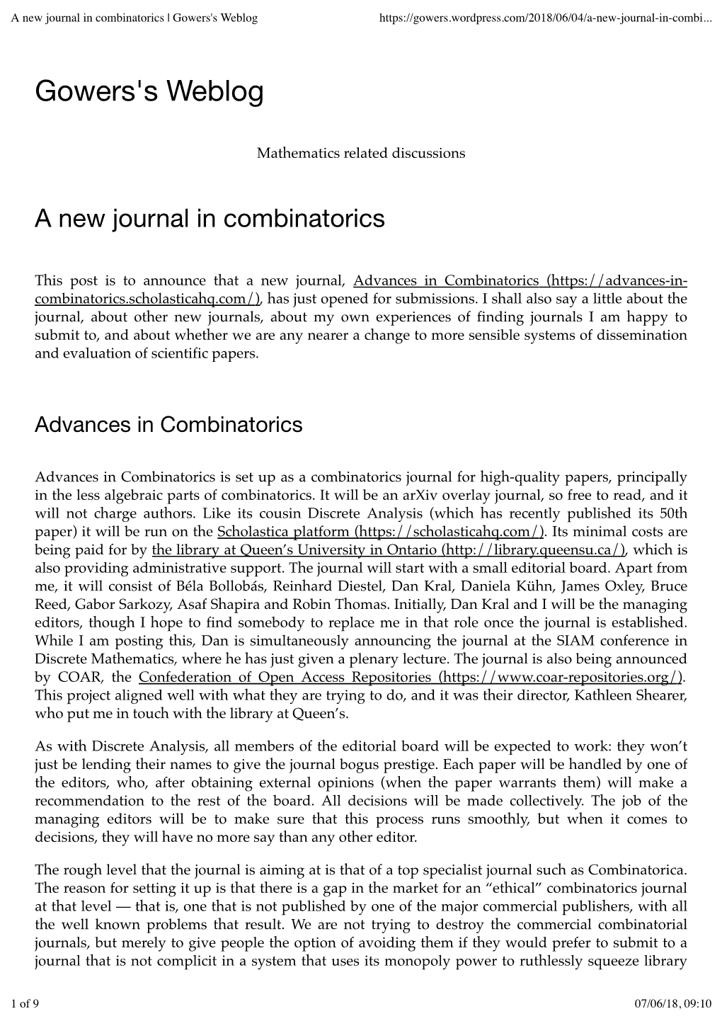 A New Journal in Combinatorics | Gowers's Weblog