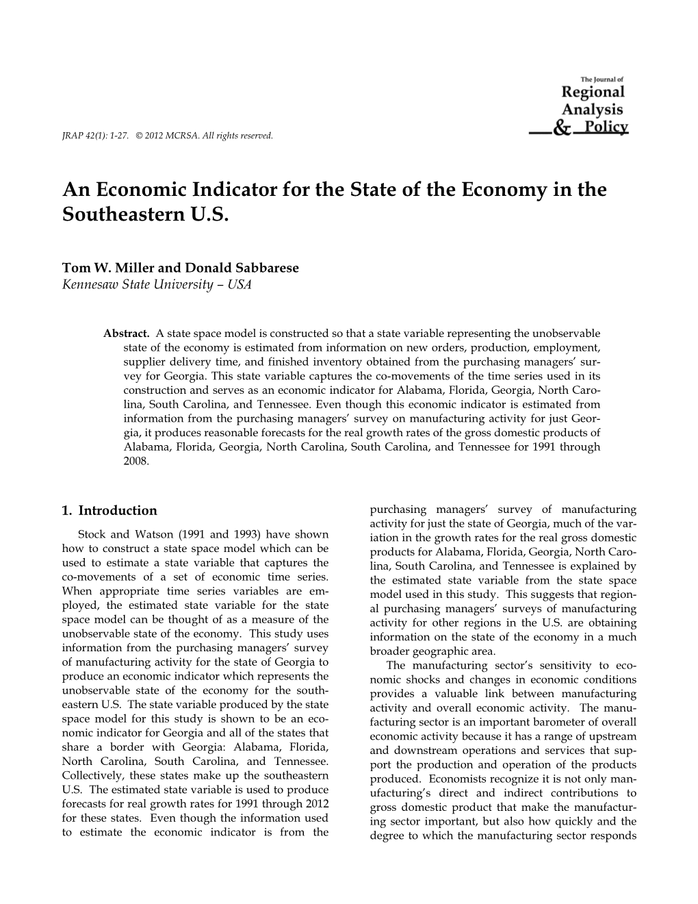 An Economic Indicator for the State of the Economy in the Southeastern U.S