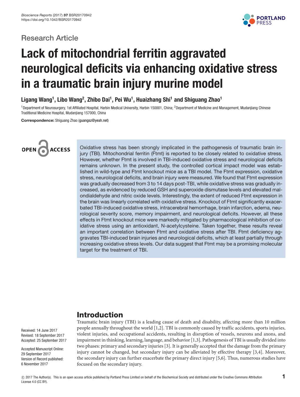 Lack of Mitochondrial Ferritin Aggravated Neurological Deficits Via Enhancing Oxidative Stress in a Traumatic Brain Injury Murin