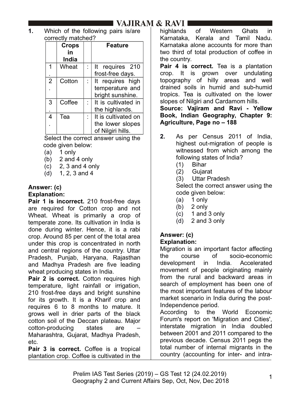 GS Test 12 (24.02.2019) Geography 2 and Current