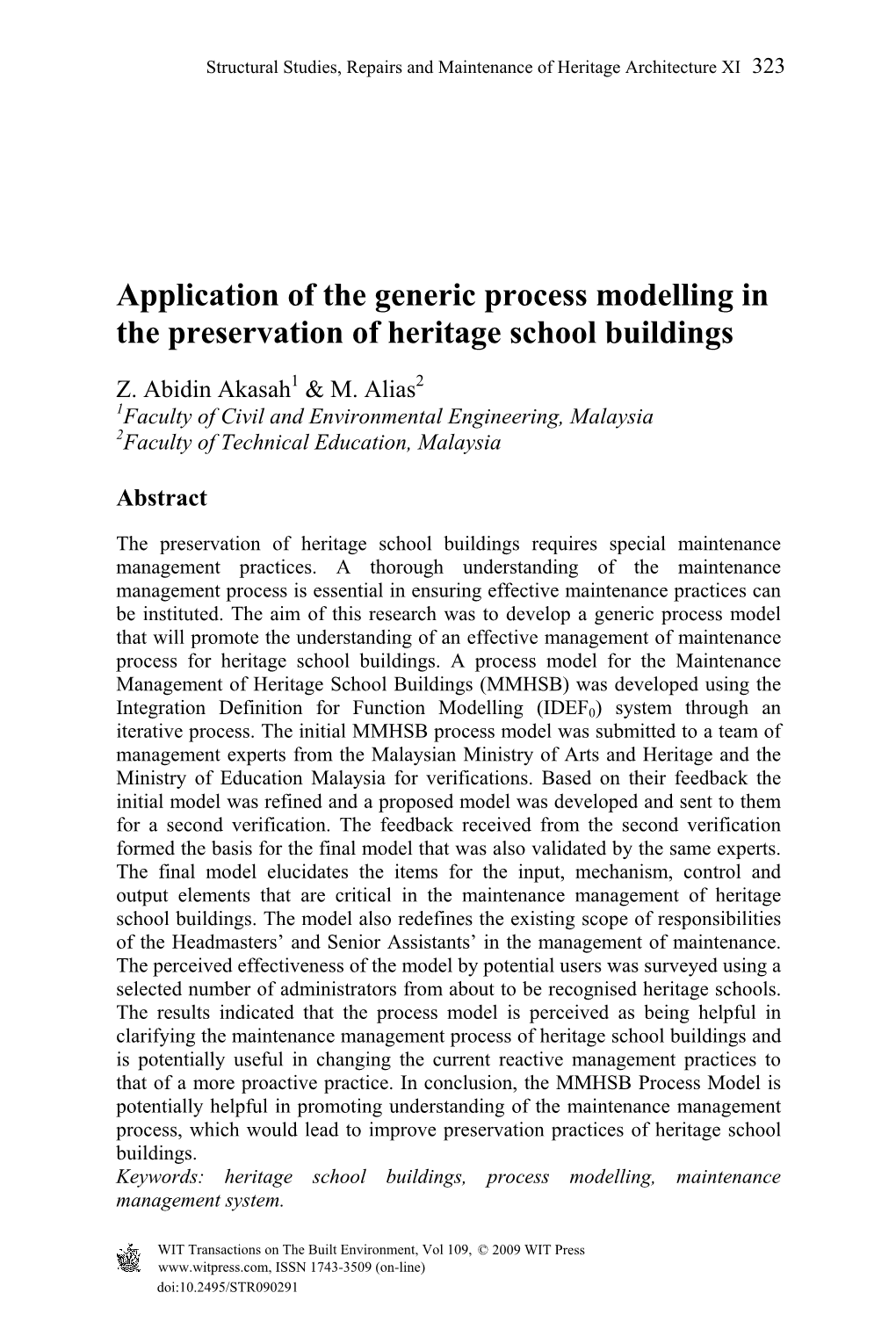 Application of the Generic Process Modelling in the Preservation of Heritage School Buildings