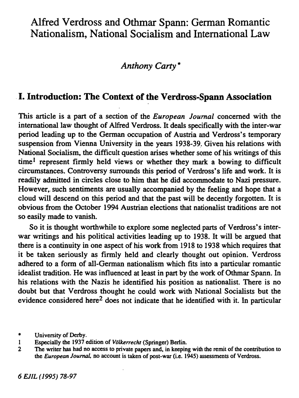 Alfred Verdross and Othmar Spann: German Romantic Nationalism, National Socialism and International Law