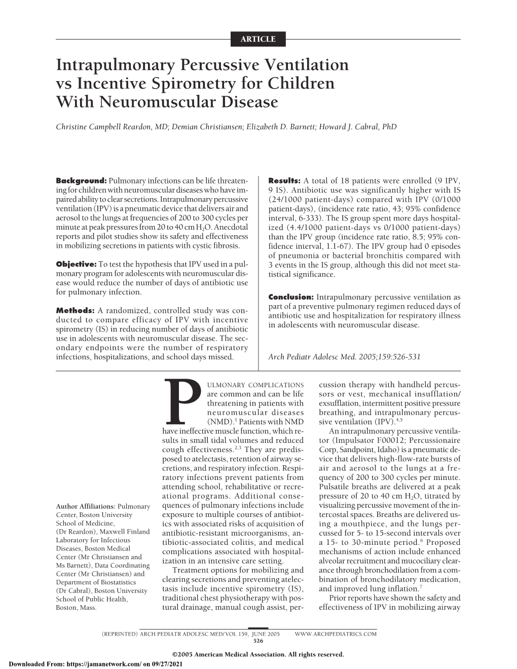 Intrapulmonary Percussive Ventilation Vs Incentive Spirometry for Children with Neuromuscular Disease