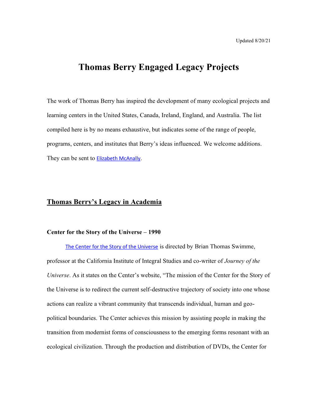 Thomas Berry Engaged Legacy Projects