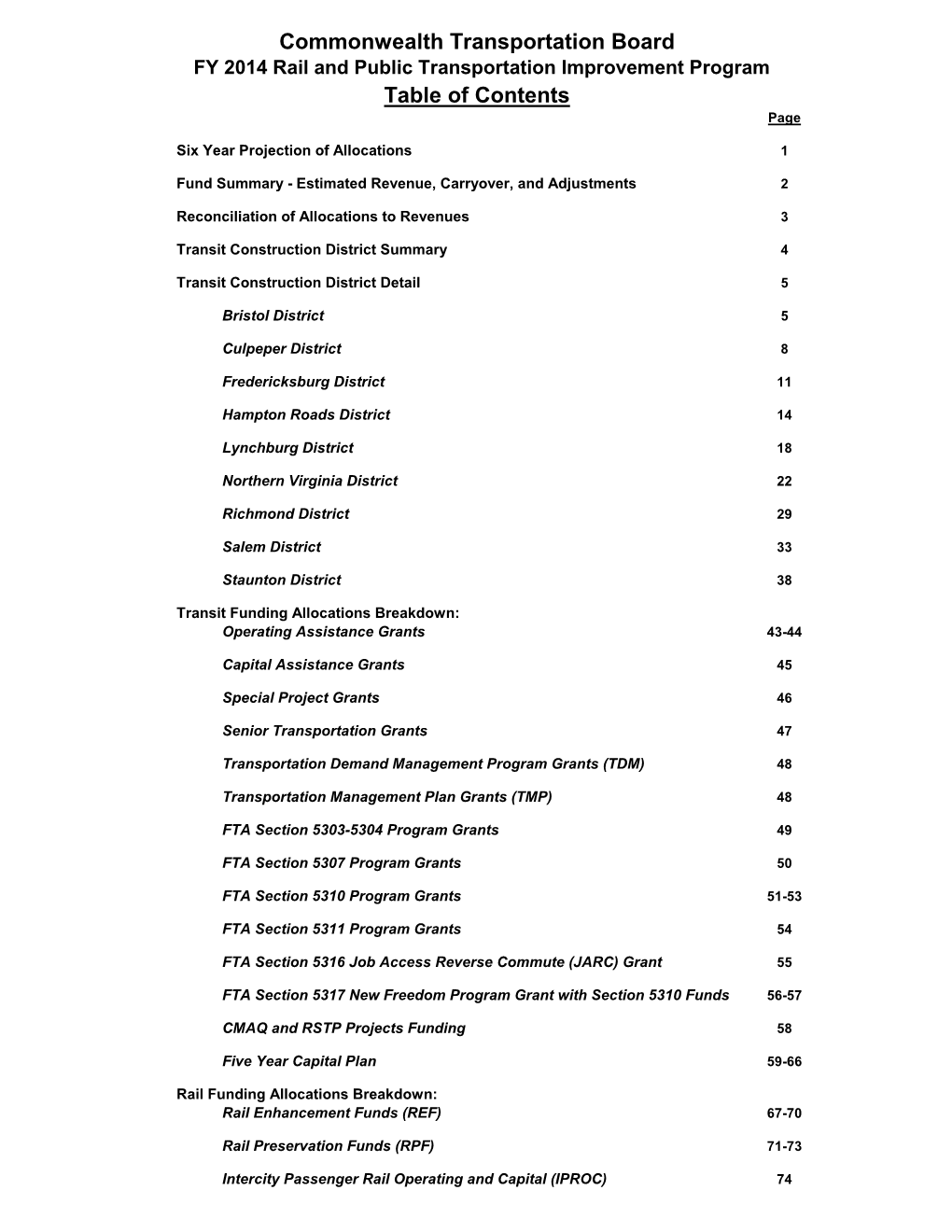 Table of Contents Commonwealth Transportation Board