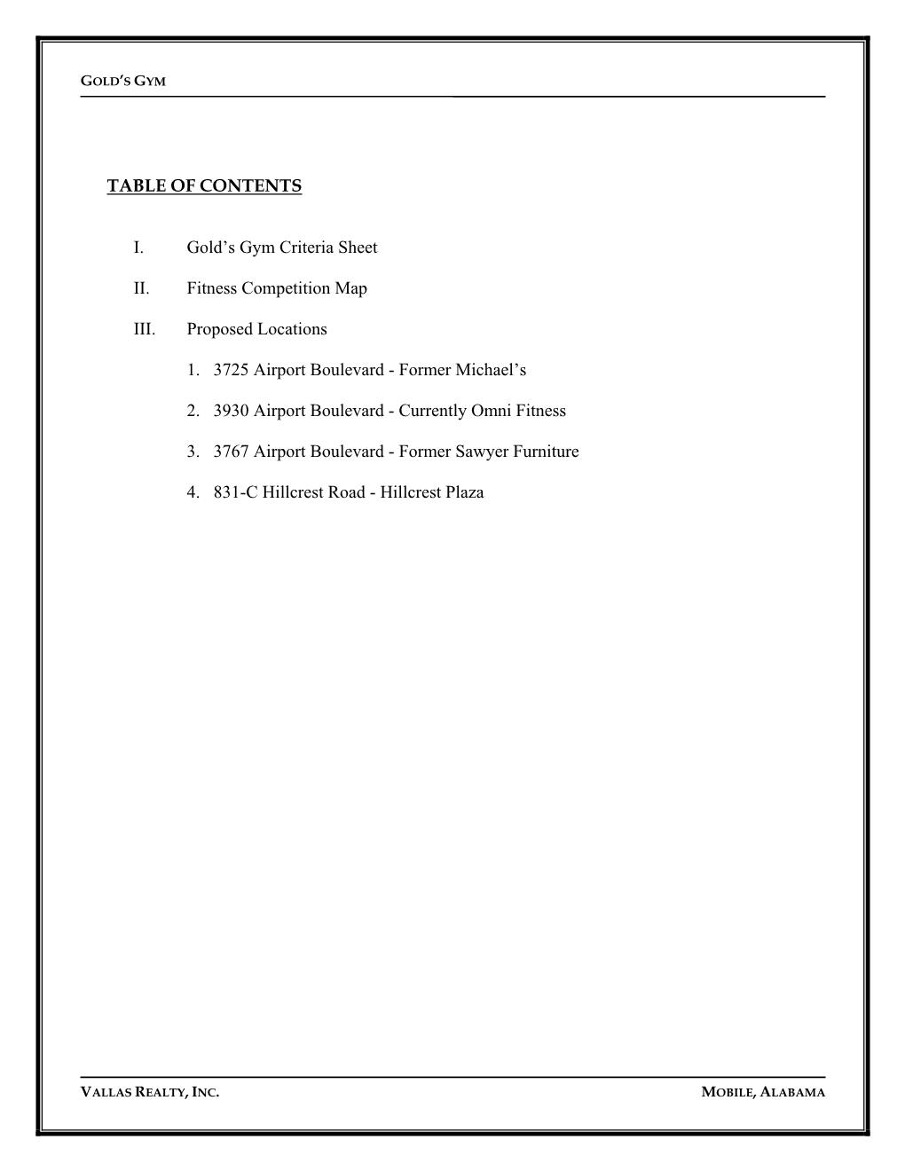 TABLE of CONTENTS I. Gold's Gym Criteria Sheet II