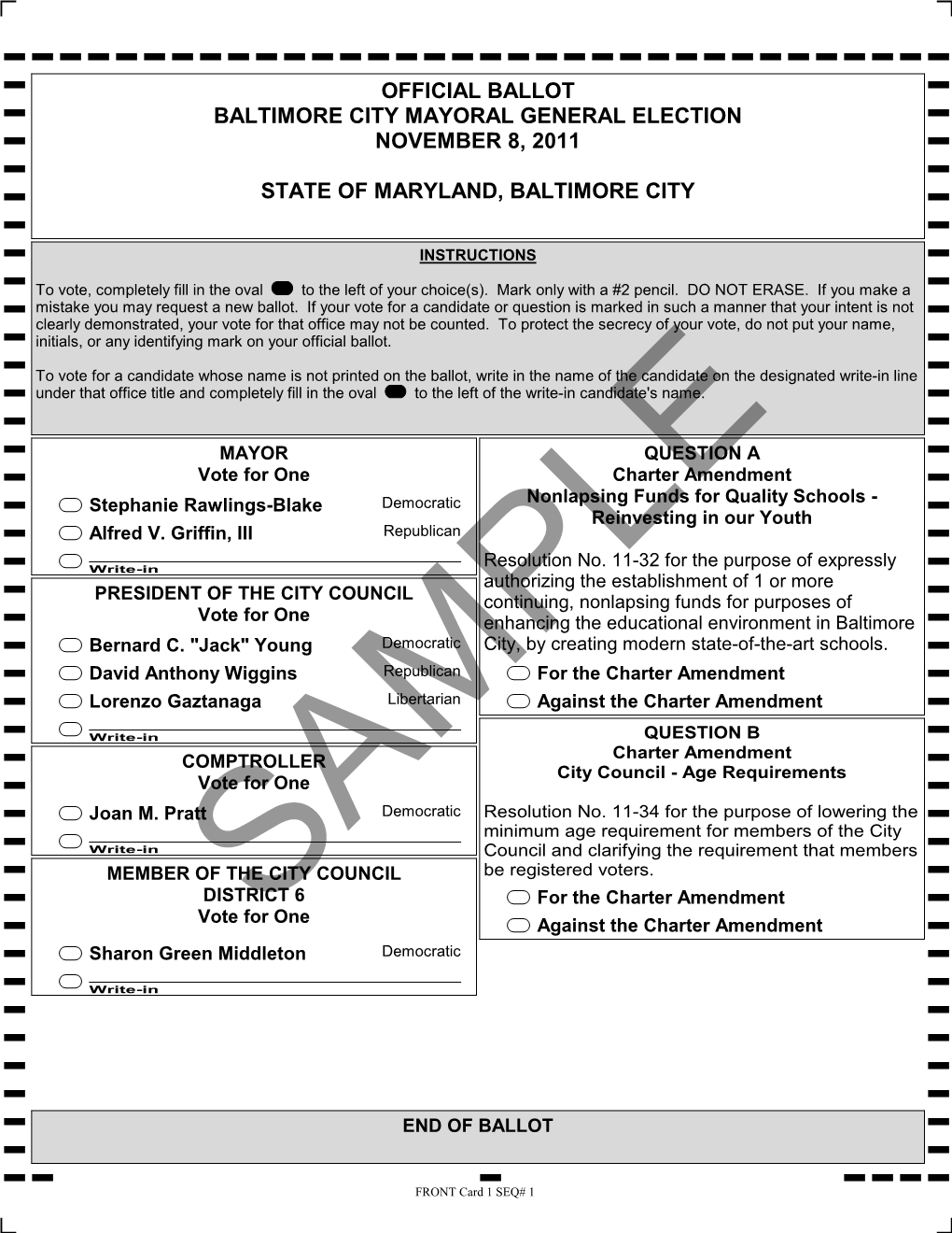 Sample Ballot Proofs for the 2011 Baltimore City Mayoral General