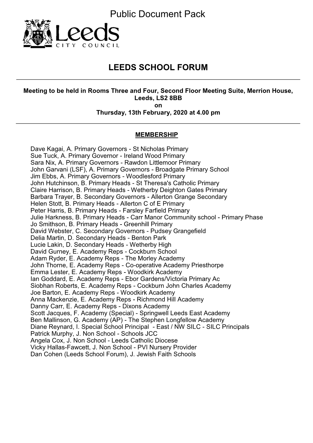 (Public Pack)Agenda Document for Leeds School Forum, 13/02/2020