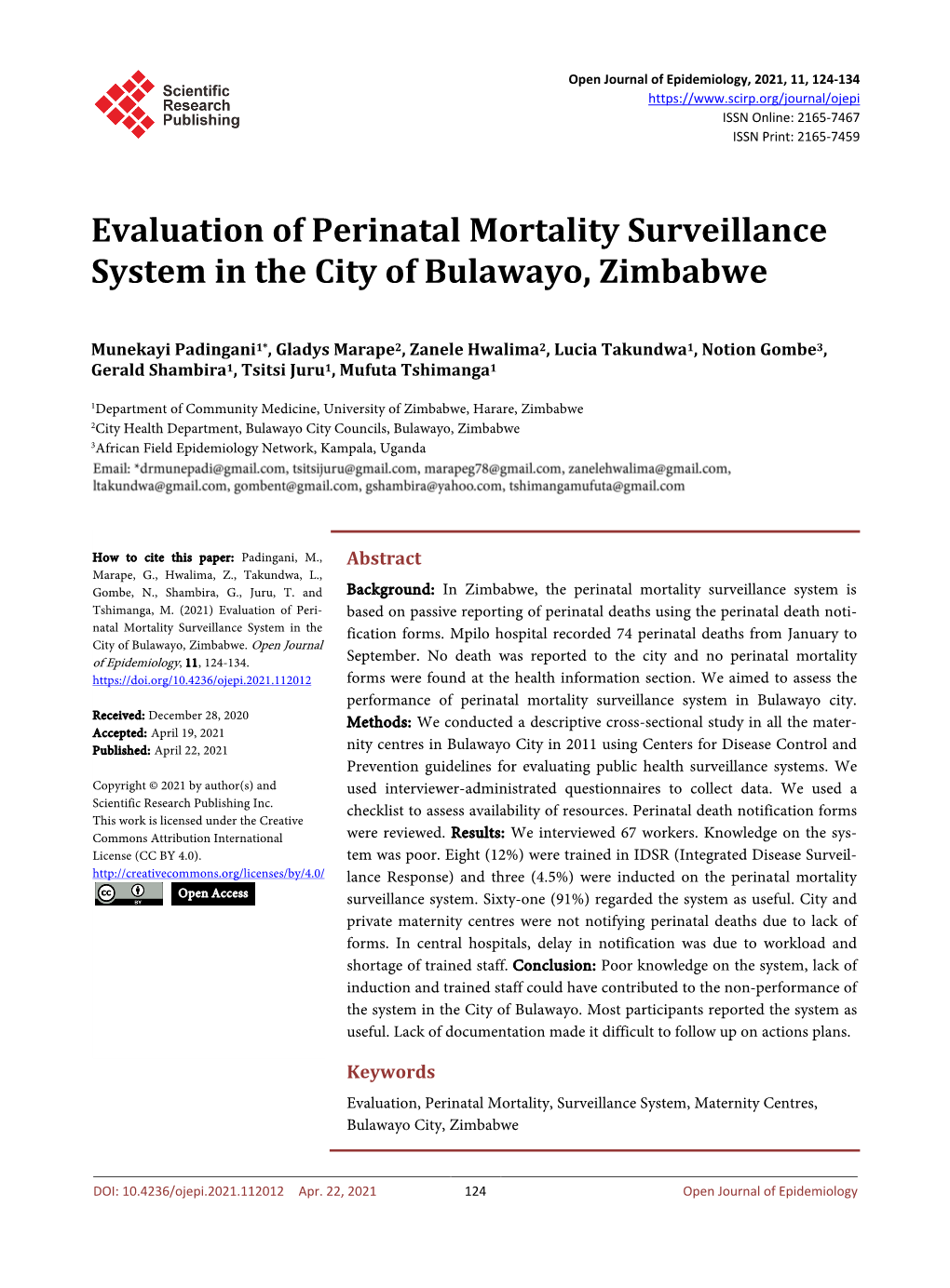 Evaluation of Perinatal Mortality Surveillance System in the City of Bulawayo, Zimbabwe