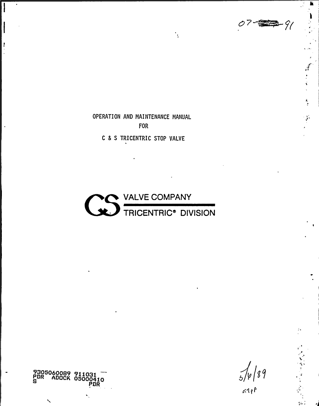 Undated "Operation & Maint Manual for C&S Tricentric Stop Valve
