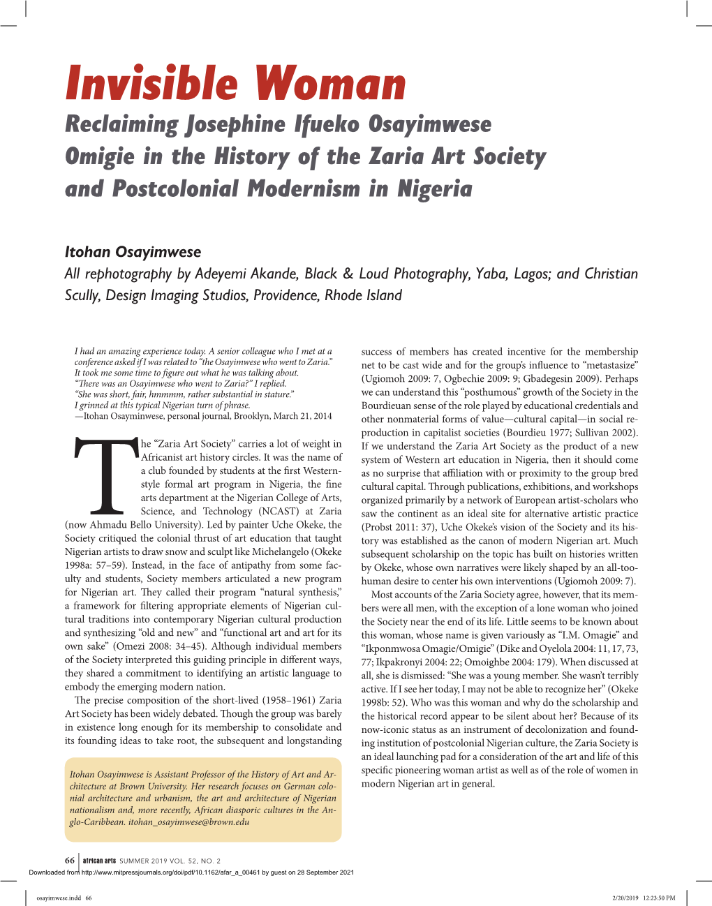 Invisible Woman Reclaiming Josephine Ifueko Osayimwese Omigie in the History of the Zaria Art Society and Postcolonial Modernism in Nigeria