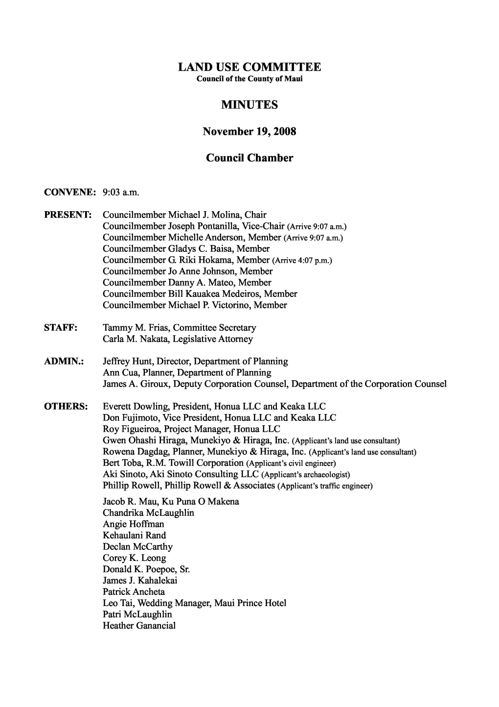 LAND USE COMMITTEE MINUTES November 19, 2008 Council Chamber