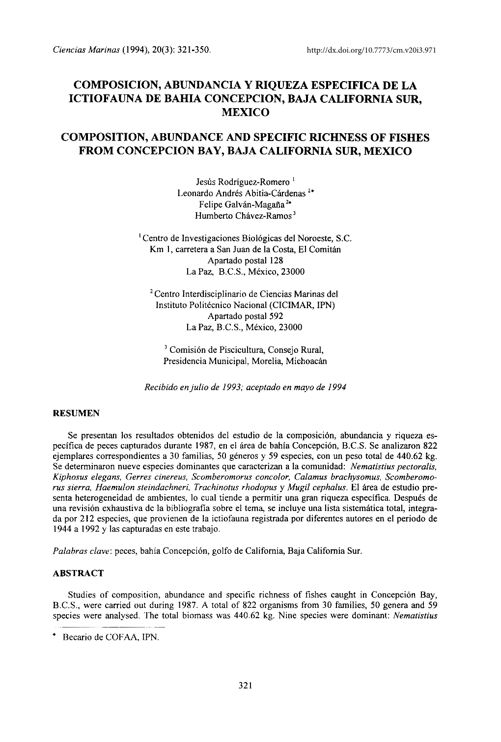 Composicion, Abundancia Y Riqueza Especifica De La Ictiofauna De Bahia Concepcion, Baja California Sur, Mexico
