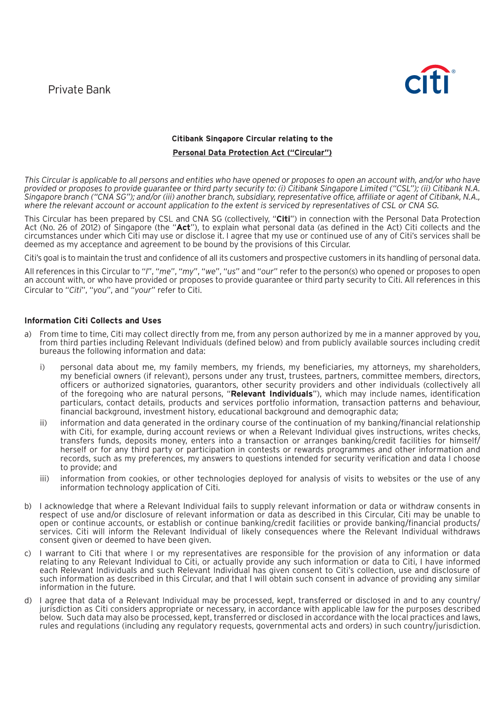 Citibank Singapore Circular Relating to the Personal Data Protection Act (“Circular”)