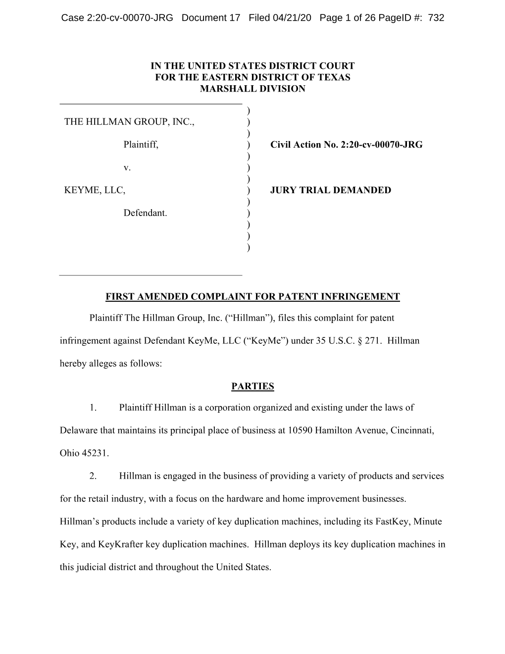 Case 2:20-Cv-00070-JRG Document 17 Filed 04/21/20 Page 1 of 26 Pageid #: 732