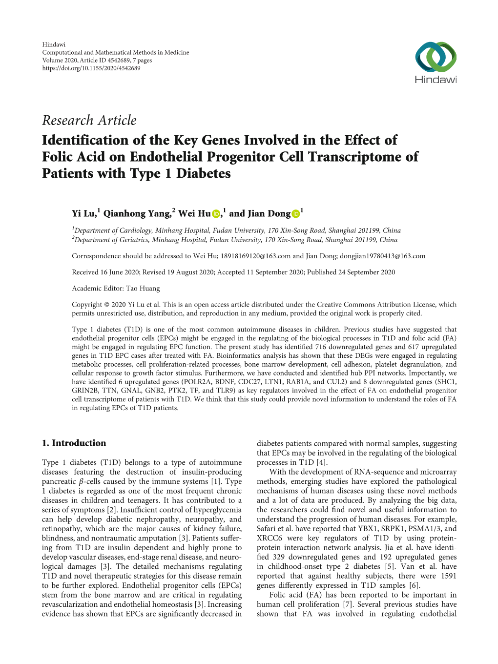 Identification of the Key Genes Involved in the Effect of Folic Acid on Endothelial Progenitor Cell Transcriptome of Patients with Type 1 Diabetes