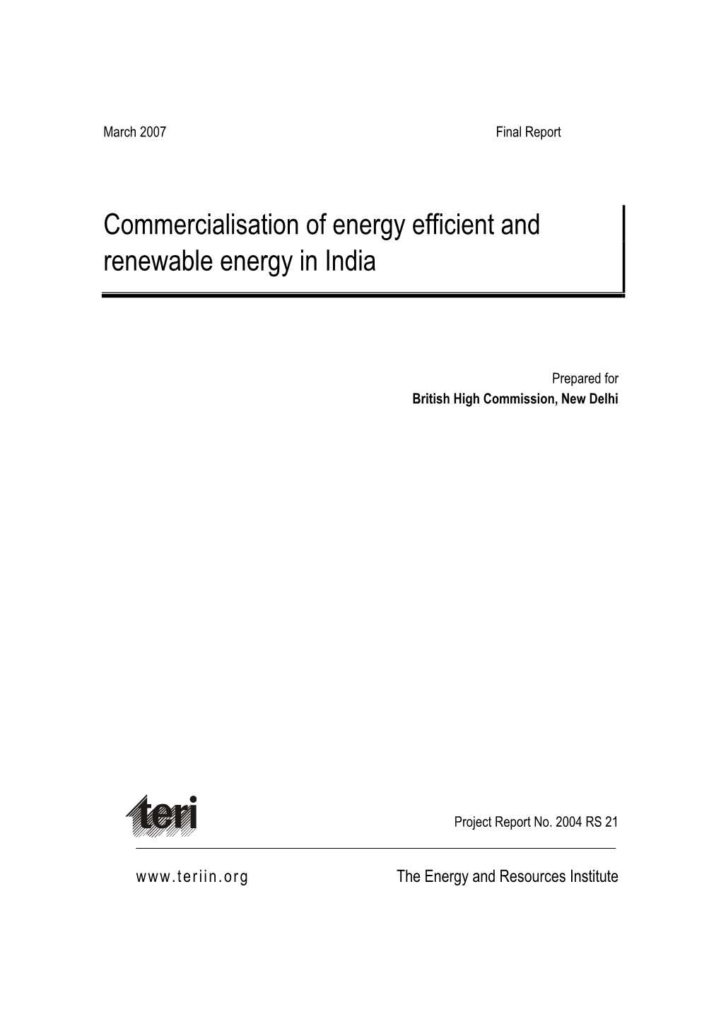 Commercialisation of Energy Efficient and Renewable Energy in India