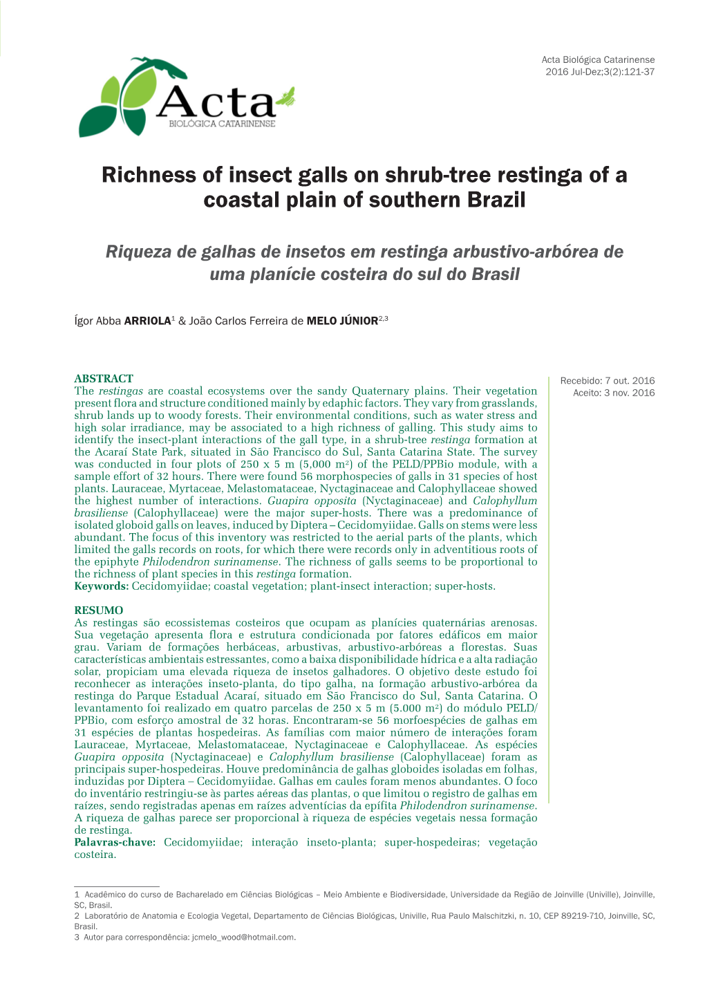 Richness of Insect Galls on Shrub-Tree Restinga of a Coastal Plain of Southern Brazil