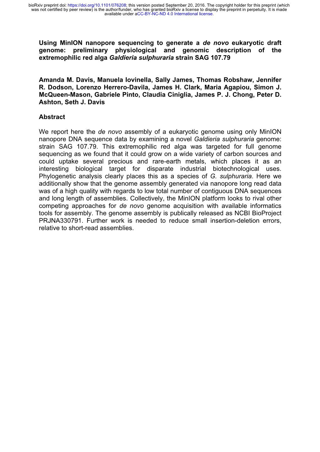 Using Minion Nanopore Sequencing to Generate a De Novo Eukaryotic Draft Genome