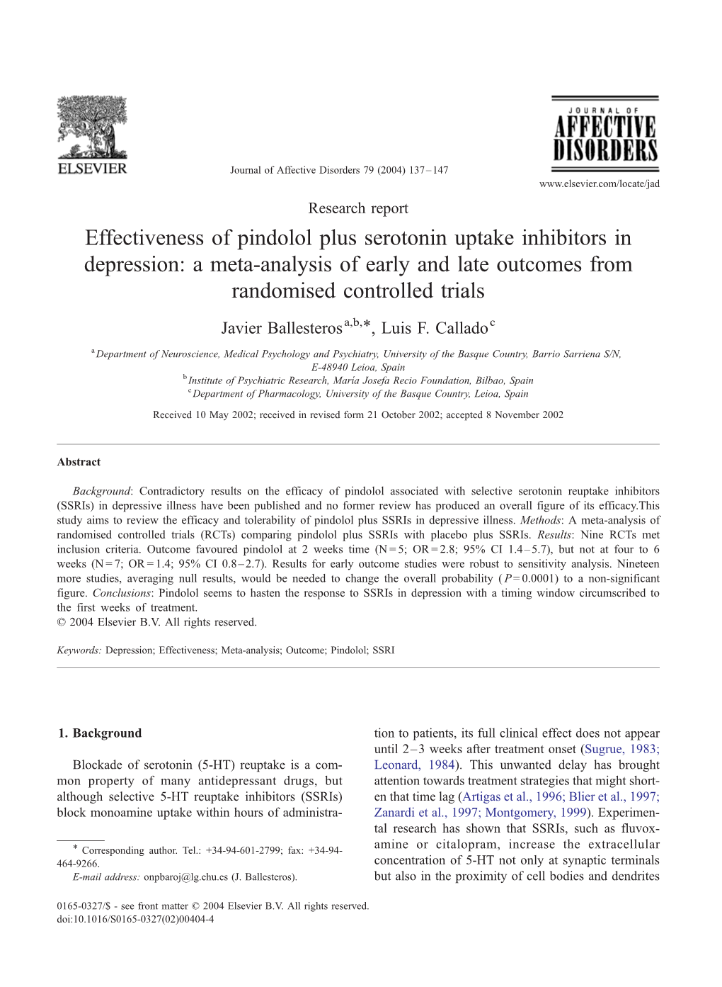 Effectiveness of Pindolol Plus Serotonin Uptake Inhibitors in Depression: a Meta-Analysis of Early and Late Outcomes from Randomised Controlled Trials