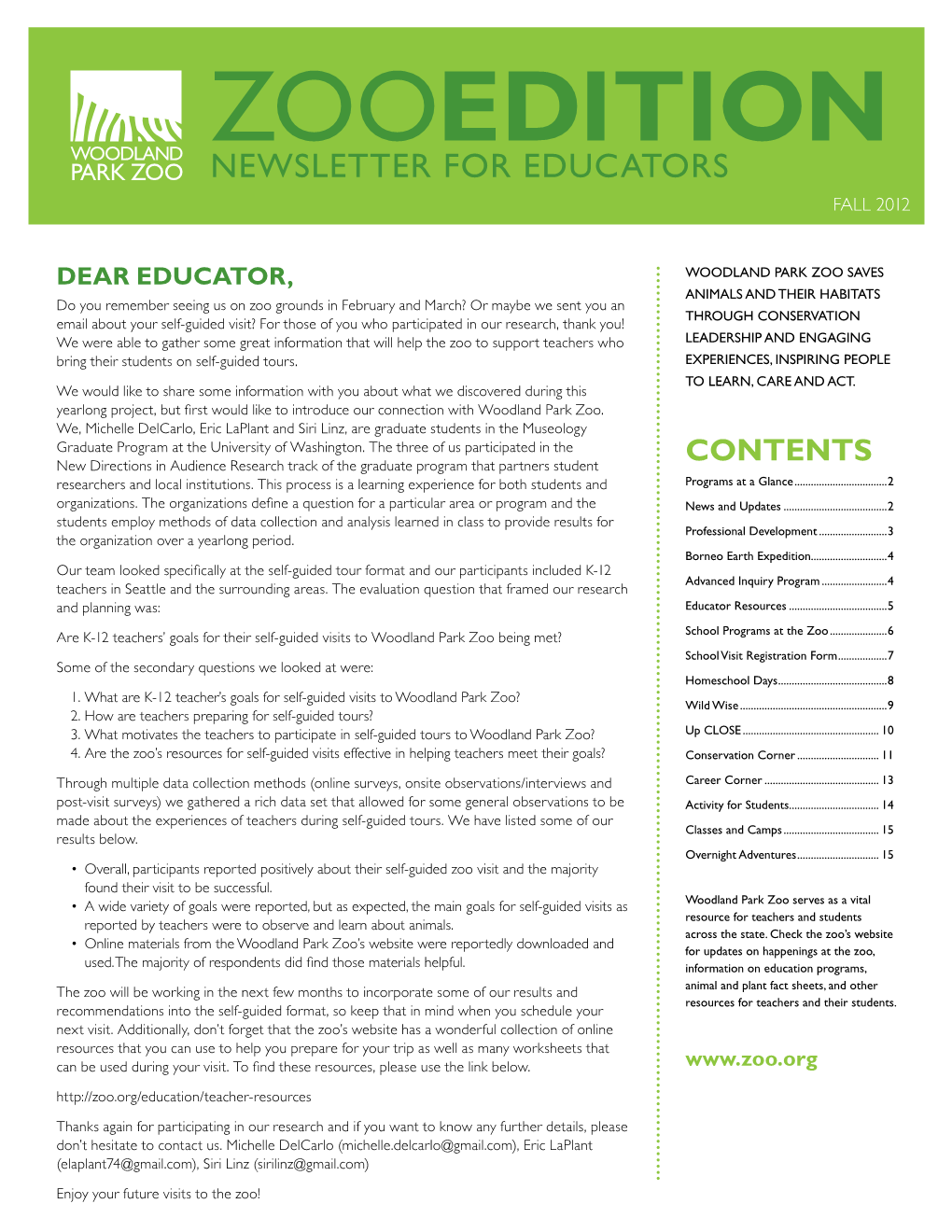 Newsletter for Educators Fall 2012