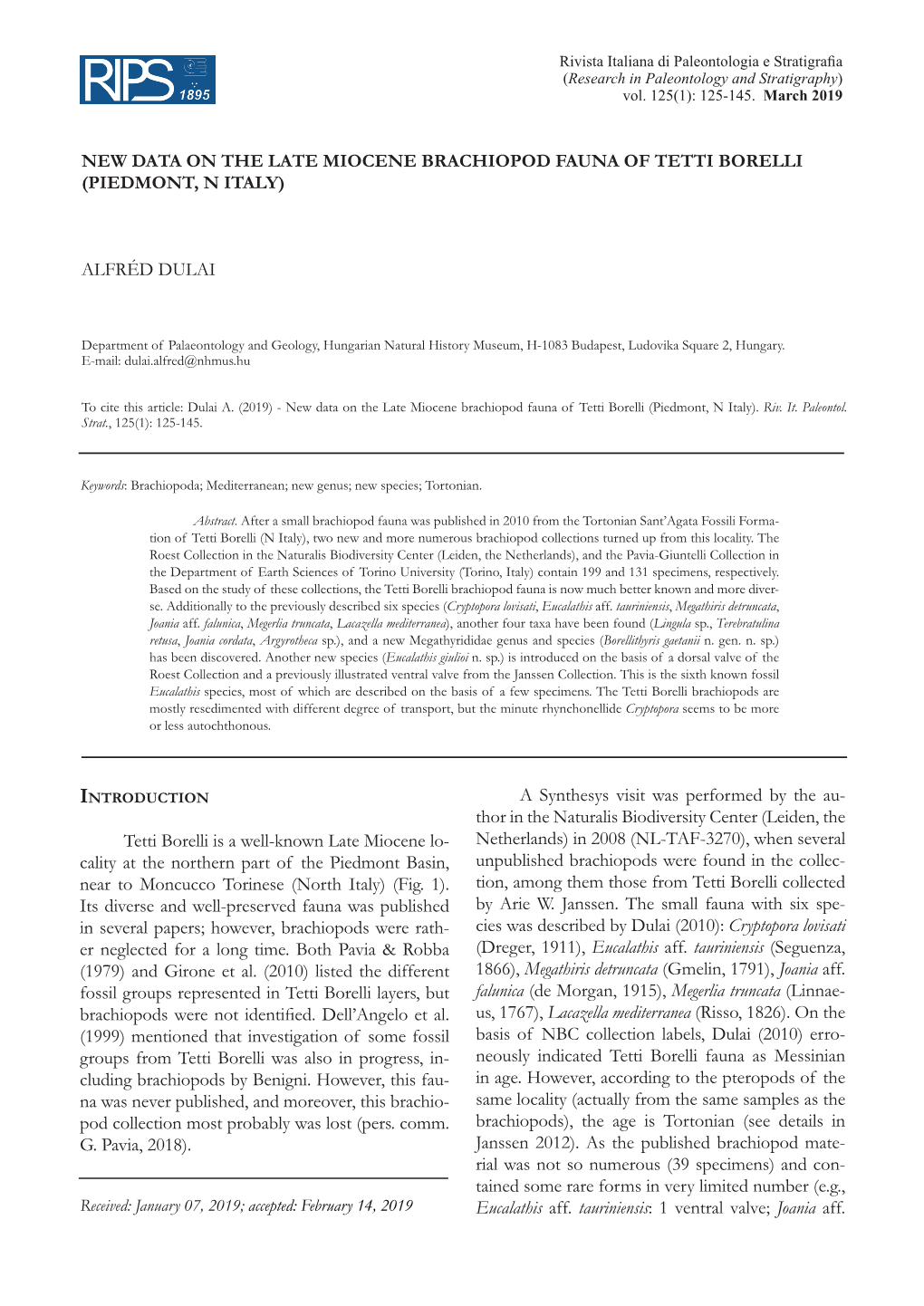 New Data on the Late Miocene Brachiopod Fauna of Tetti Borelli (Piedmont, N Italy)