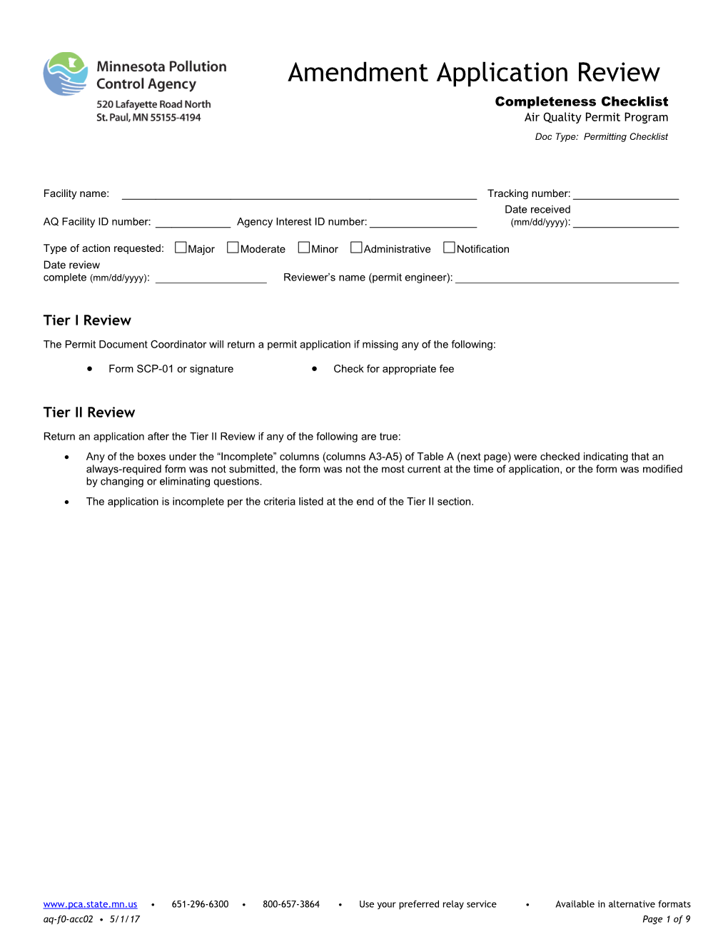 Amendment Application Completeness Checklists - Air Quality Permit Program - Form