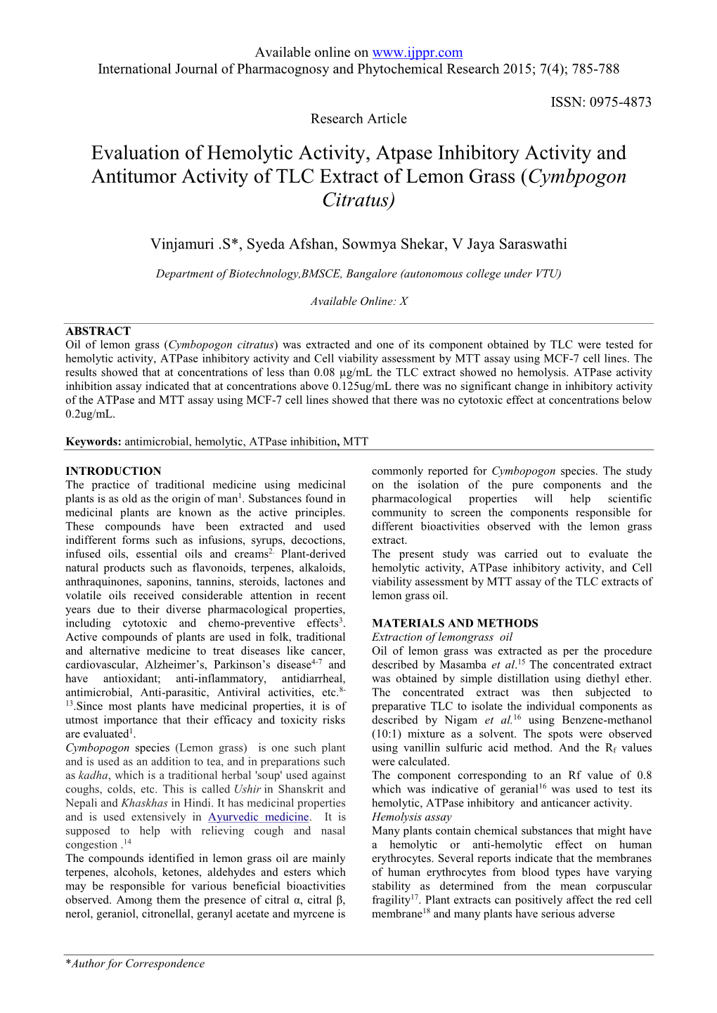 Evaluation of Hemolytic Activity, Atpase Inhibitory Activity and Antitumor Activity of TLC Extract of Lemon Grass (Cymbpogon Citratus)