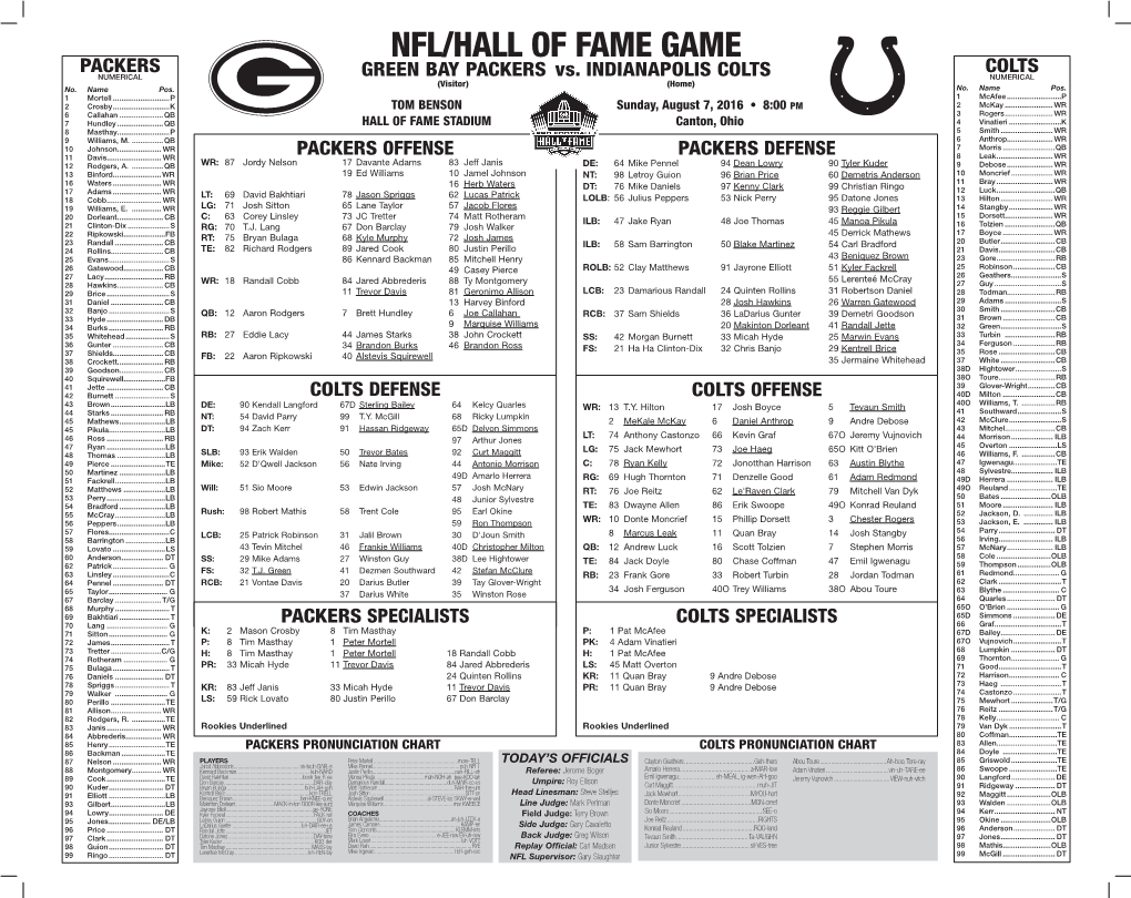 NFL/HALL of FAME GAME PACKERS COLTS NUMERICAL GREEN BAY PACKERS Vs