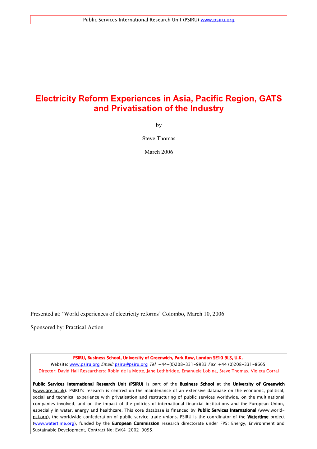 Electricity Reform Experiences in Asia, Pacific Region, GATS and Privatisation of the Industry