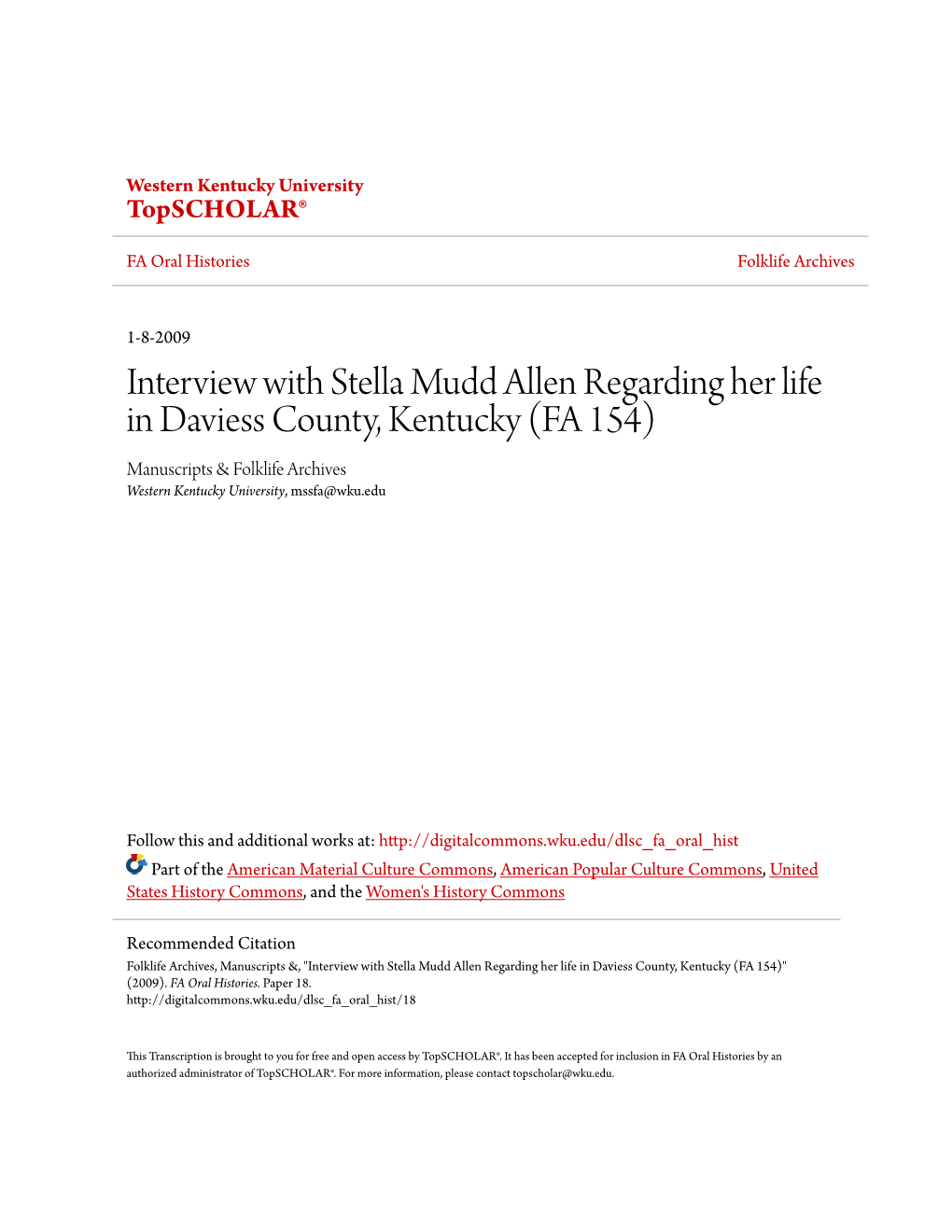 Interview with Stella Mudd Allen Regarding Her Life in Daviess County, Kentucky (FA 154) Manuscripts & Folklife Archives Western Kentucky University, Mssfa@Wku.Edu