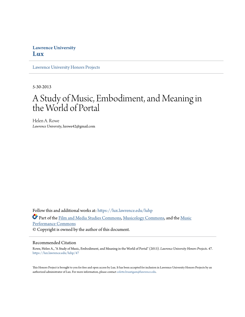 A Study of Music, Embodiment, and Meaning in the World of Portal Helen A