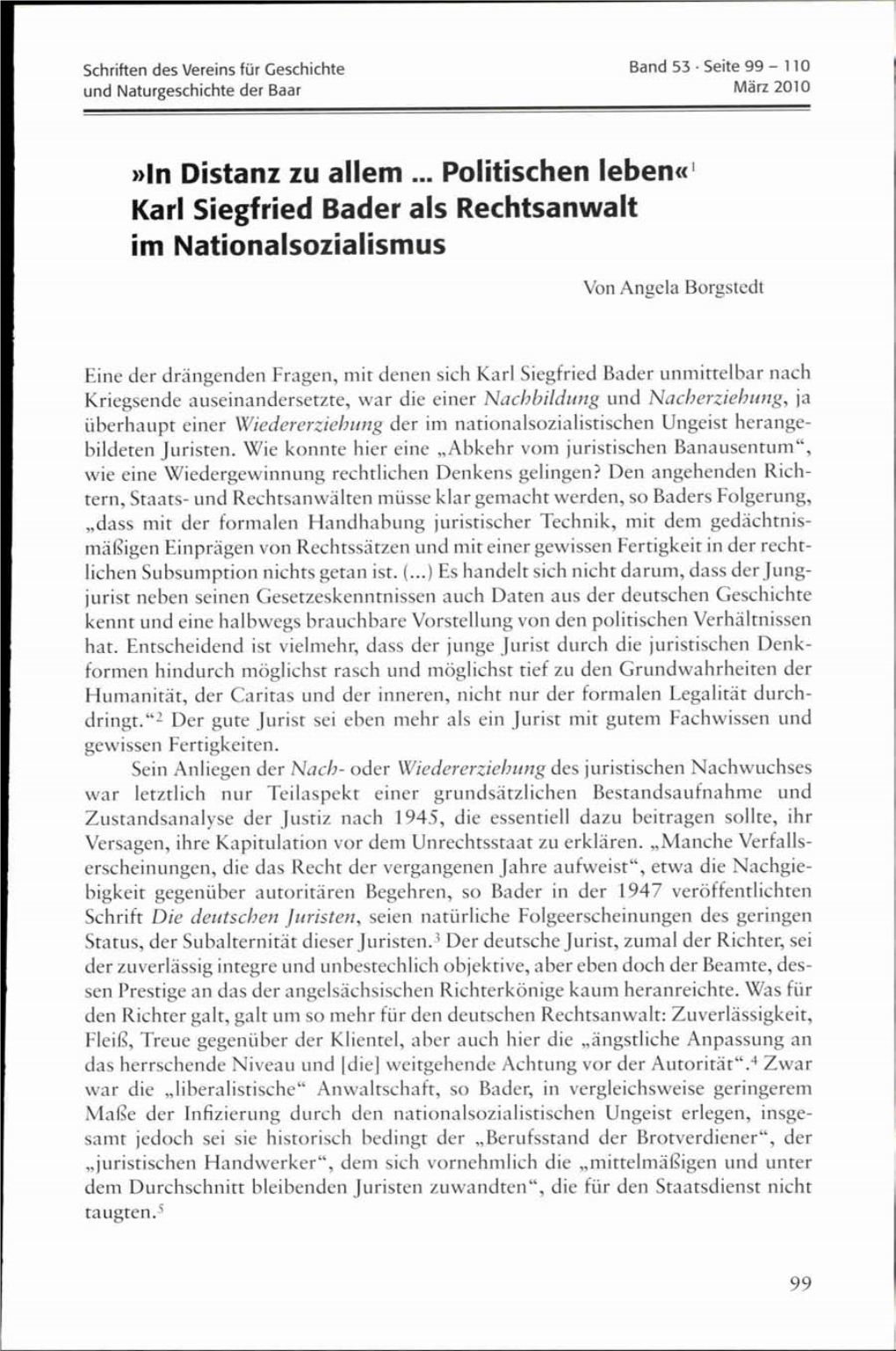 In Distanz Zu Allem ... Politischen Leben«' Karl Siegfried Bader Als Rechtsanwalt Im Nationalsozialismus