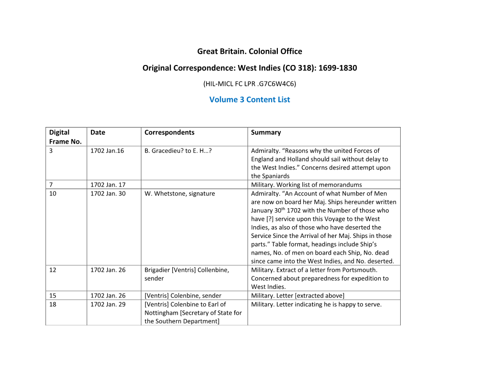 Colonial Office Original Correspondence: West Indies (CO 318): 1699-1830