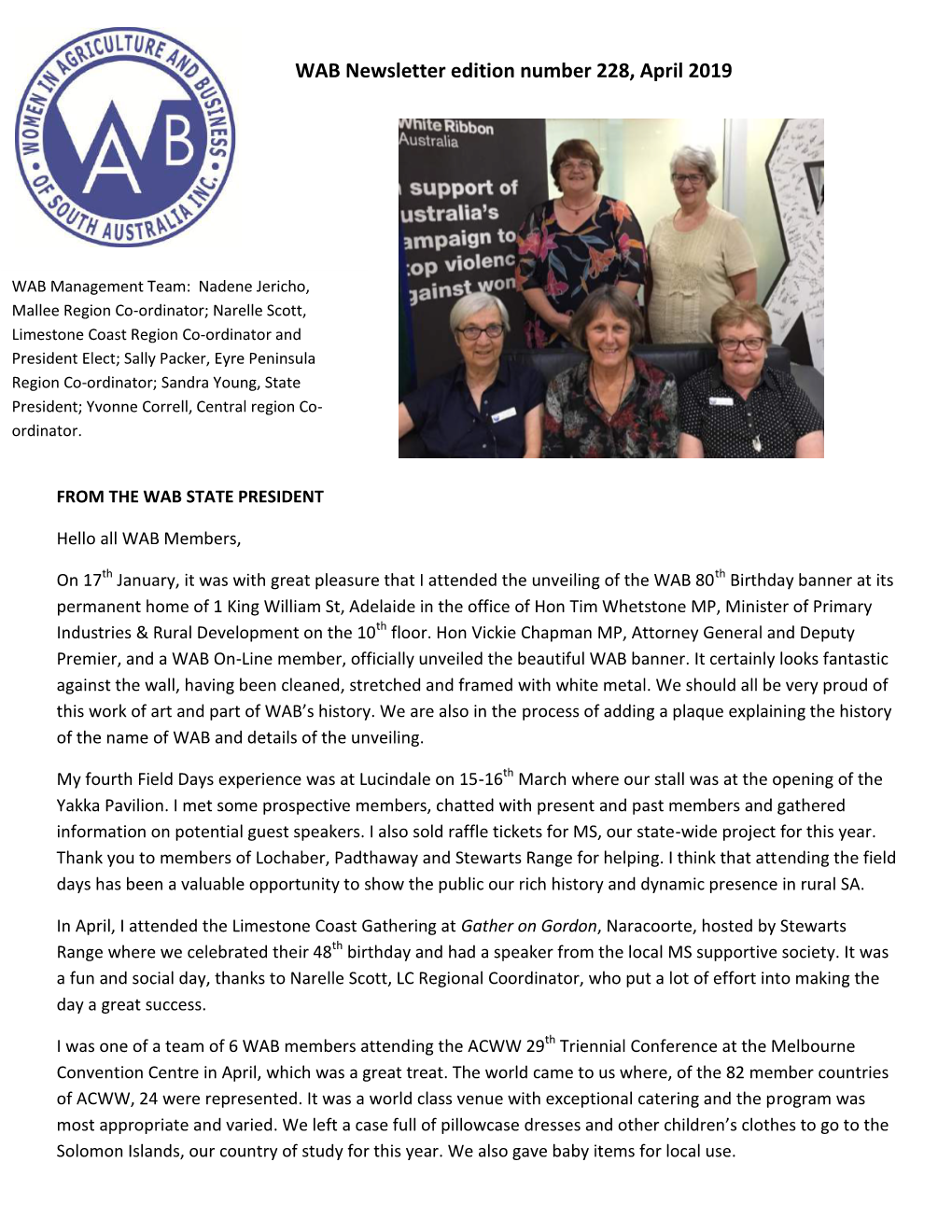 WAB Newsletter Edition Number 228, April 2019
