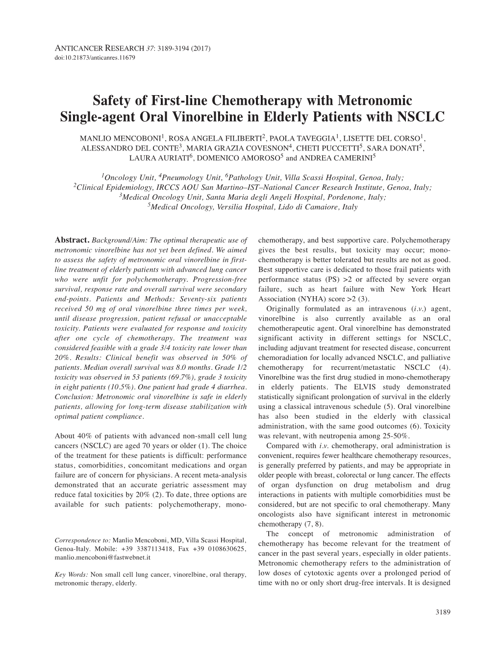 Safety of First-Line Chemotherapy with Metronomic Single-Agent Oral Vinorelbine in Elderly Patients with NSCLC