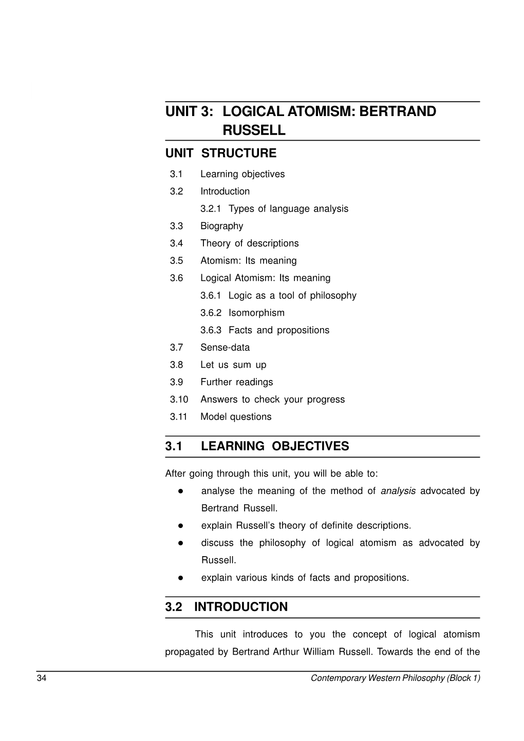 Unit 3: Logical Atomism: Bertrand Russell