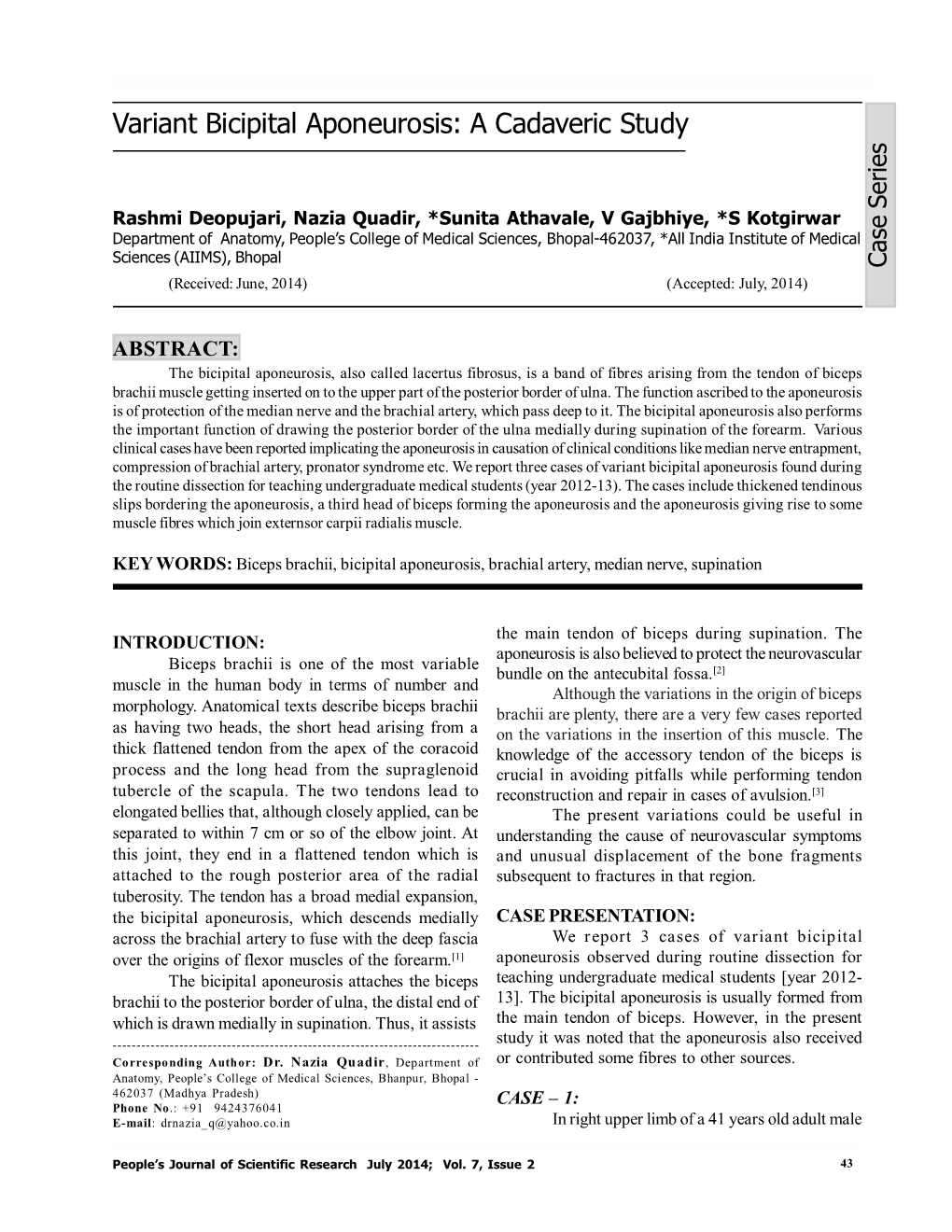 Variant Bicipital Aponeurosis: a Cadaveric Study S E I R E S